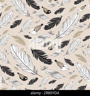 seamless graphic pattern of feathers and birds on a brown background Stock Vector