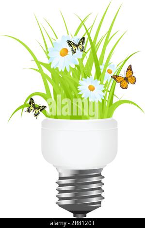 Light bulb with grass inside. Vector illustration, isolated on white. Stock Vector