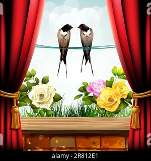 Garden roses with brick wall, red curtain and two swallows Stock Vector