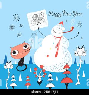 Greeting Christmas card with snowman and a cat on a blue background Stock Vector