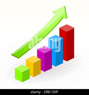 Gaining green arrow and colorful bars on a grid background Stock Vector