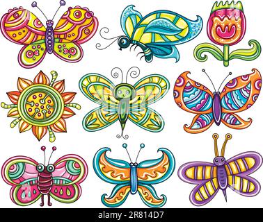 Butterfly icon set. Beautiful, cartoon, colorful butterflies with open wings isolated on white backgrounds, Icons set for you designs Stock Vector