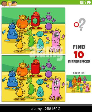 Cartoon illustration of finding the differences between pictures educational game with aliens or monsters characters group Stock Vector