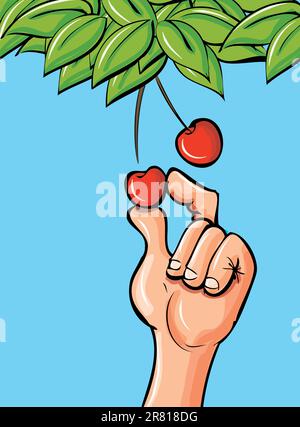 Cartoon hand picking a cherry of a leafy branch Stock Vector