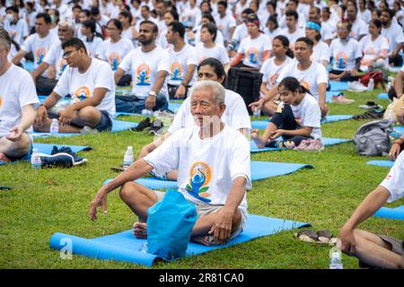 Bangkok, Thailand. 18th June, 2023. Participants seen meditating during the 9th International Day of Yoga organised by The Embassy of India, at Chulalongkorn University. The embassy invited everyone to the event aiming at raising awareness worldwide about the many benefits of practising yoga to connect the body, mind and soul in a way that has existed for centuries which originated in ancient India. (Credit Image: © Nathalie Jamois/SOPA Images via ZUMA Press Wire) EDITORIAL USAGE ONLY! Not for Commercial USAGE! Stock Photo