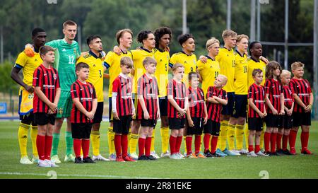 Cardiff, UK. 18th June, 2023. Sweden during the national anthem. Wales v Sweden in an u19 International Friendly at Leckwith Stadium on the 18th June 2023. Credit: Lewis Mitchell/Alamy Live News Stock Photo