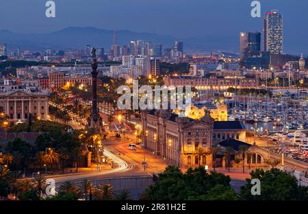 The Port of Barcelona, Port Vell, Columbus Monument, Agència Tributària, Onades, Plaça Drassanes, Passeig Josep Carner Stock Photo