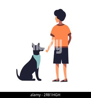 Boy and dog. Cartoon character with his pet dog. Vector on white. Modern style Stock Vector