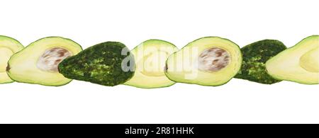 Seamless border of avocado watercolor hand drawn realistic illustrations. Green and fresh arts of salad, sauce, guacamole, smoothie ingredient. For Stock Photo