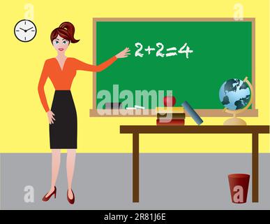 Female Teacher in Classroom with Chalkboard Desk Apple Books and Globe Illustration Stock Vector