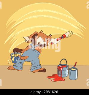 The amusing cartoon dog paints a wall with a yellow paint. Stock Vector