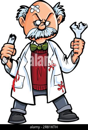 Cartoon professor with broken beakers.Isolated on white Stock Vector