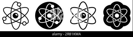 Simple atom sign - three interlocked ellipses representing orbits with smaller ball in centre, black and white version Stock Vector