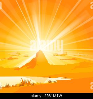Orange sunset landscape with Mountain in the background Stock Vector