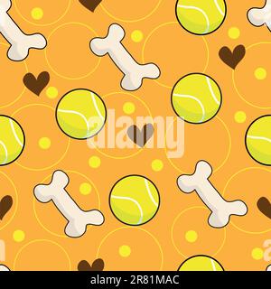 A seamless pattern comprised of brown hearts, tennis balls and white bones, over a caramel color background with yellow circle and dot accents. Stock Vector