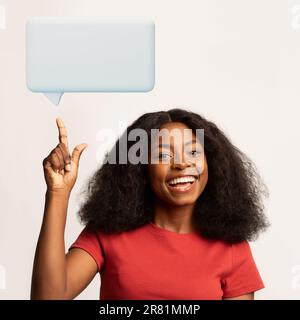 Excited Black Woman Pointing Finger Up At Text Bubble, Collage Stock Photo