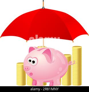 piggy-bank and money under red umbrella. Also available as a Vector in Adobe illustrator EPS format, compressed in a zip file. The vector version b... Stock Vector