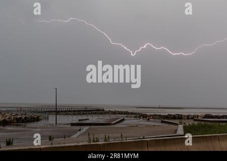 Heysham, LAncashire, U Nited Kingdom. 18th June, 2023. Lightning over Morecambe Bay Credit: PN News/Alamy Live News Stock Photo