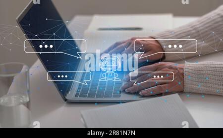 Woman hands typing on laptop keyboard, using online assistant Stock Photo