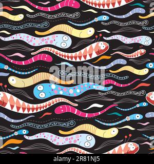 seamless pattern of lively colored worms on a black background Stock Vector