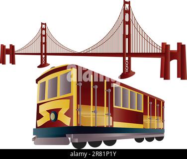 San Francisco Cable Car Trolley and Golden Gate Bridge Illustration Stock Vector