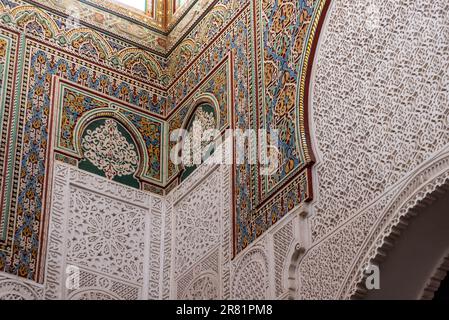MEKNES, MOROCCO - MARCH 29, 2023 - Famous mausoleum of Moulay Ismail in downtown Fes, Morocco Stock Photo
