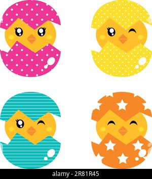 Cute collection of spring chicken in eggs. Vector Stock Vector