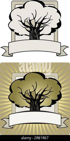 Vector illustration of a label with oak tree silhouette Stock Vector