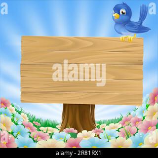 Cartoon blue bird sitting on a wooden sign board in a flower meadow Stock Vector