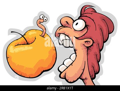 Hungry funny guy biting big apple with surprised worm sticking out of it Stock Vector