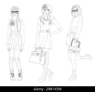 Young beautiful girls fashion illustration. Vector illustration. Background with teen females in fashionable clothes posing. Fashion illustration. Stock Vector