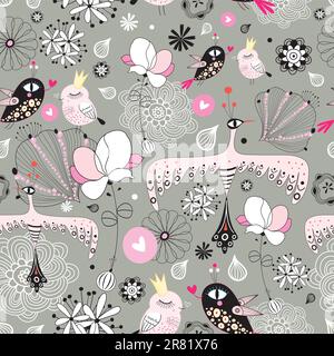 Seamless floral pattern with a birdie on the graphic pastel background Stock Vector