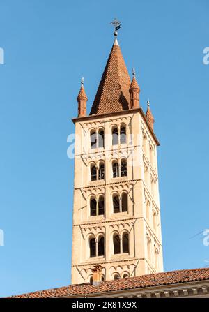 View of the Cathedral of Santo Stefano bell tower from the Piazza Duomo in the historic center of Biella, Piedmont, Italy Stock Photo