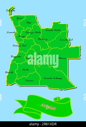 Map of Angola with subregions in green country name in red Stock Photo