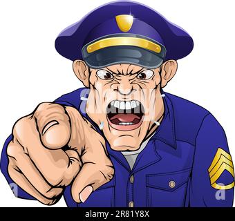 Illustration of a cartoon angry policeman cop or security guard shouting at the viewer Stock Vector