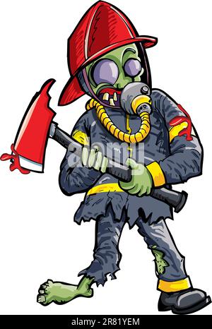 Cartoon zombie fireman with axe. Isolated on white Stock Vector