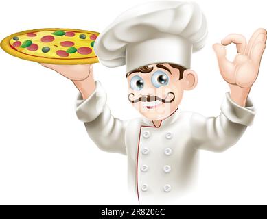 A happy cook from a pizzeria or Italian restaurant holding a pizza Stock Vector