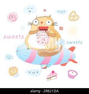 funny cat sweet tooth in a dirigible in the background with clouds Stock Vector