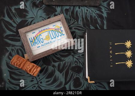 A room with dark fabric interior is seen with a variety of Hawaii-themed items casually strewn across the floor Stock Photo