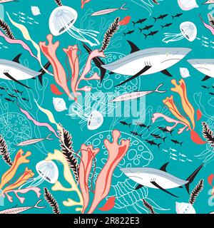 seamless pattern with the marine jellyfish and sharks among the seaweed on a green background Stock Vector