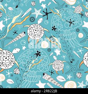 seamless pattern of sea turtles and jellyfish on a green background Stock Vector
