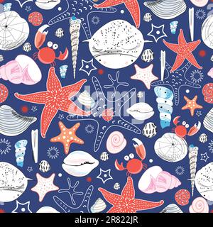 seamless pattern with sea stars and crabs on a dark blue background Stock Vector