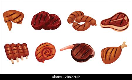 Set of different types of prepared grilled meats. Stock Vector