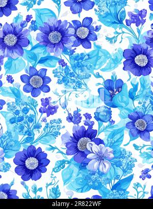 Beautiful seamless floral pattern with watercolor effect. pruple and bright blue floral vector white background Stock Vector