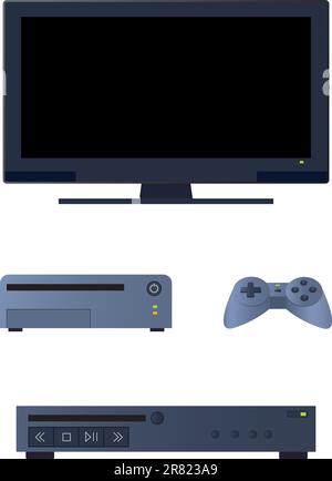 Television related electronic devices commonly found in a living room entertainment center. Stock Vector