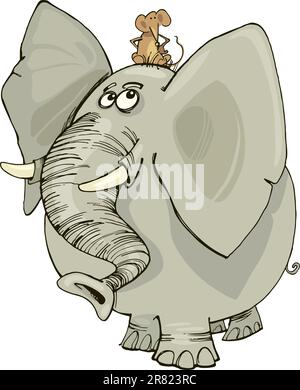 cartoon illustration of funny elephant with mouse on his head Stock Vector