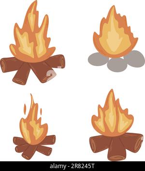 Burning wood campfire hand drawn set Stock Vector