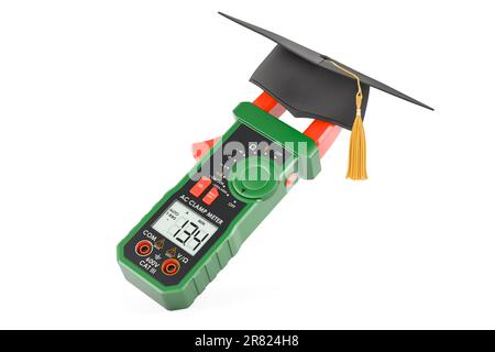 Digital multimeter with education hat. 3D rendering isolated on white background Stock Photo