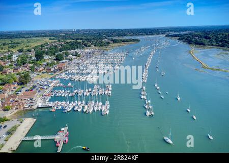 Hamble Le Rice known as Hamble Village on The Hamble River, a popular yachting destination with Port Hamble Marina full of Sailing Boats, Aerial photo. Stock Photo