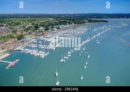 Aerial photo of Port Hamble Marina full of Sailing Boats on The River Hamble in Hampshire England. Stock Photo